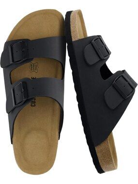 Men's Black Lane Cork Footbed Sandals Adjustable Buckle Comfort Slides